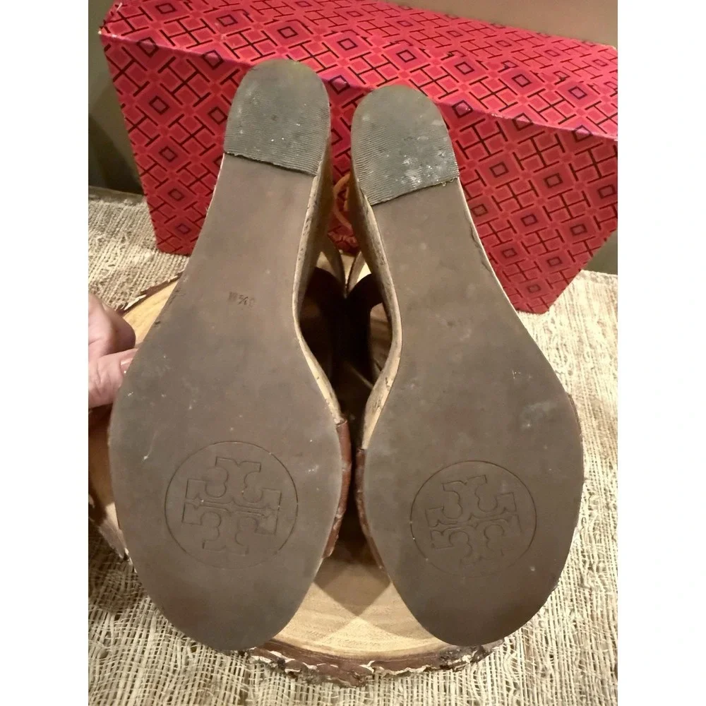 Tory Burch Ace Women's Brown Sienna Leather Buckle Wedge High Heel Sandals 8.5‎